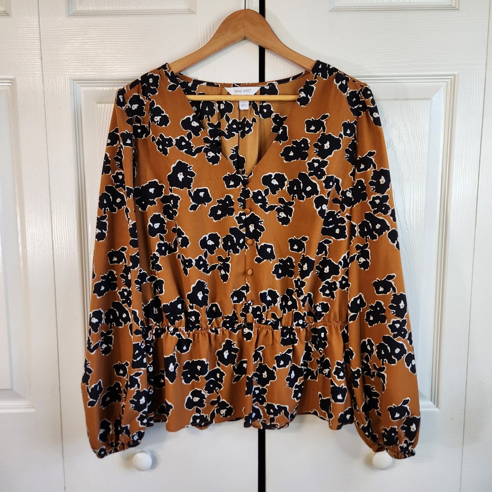 Nine West Floral Peplum Blouse Rusty Brown‎ Black V-Neck Button Front Top L